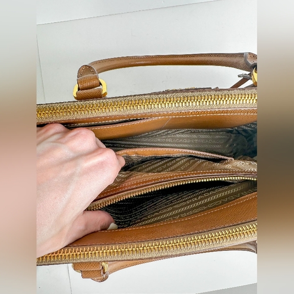 Prada Galleria Double Zip Tote Bag in Caramel Brown Saffiano Leather - Picture 12 of 16